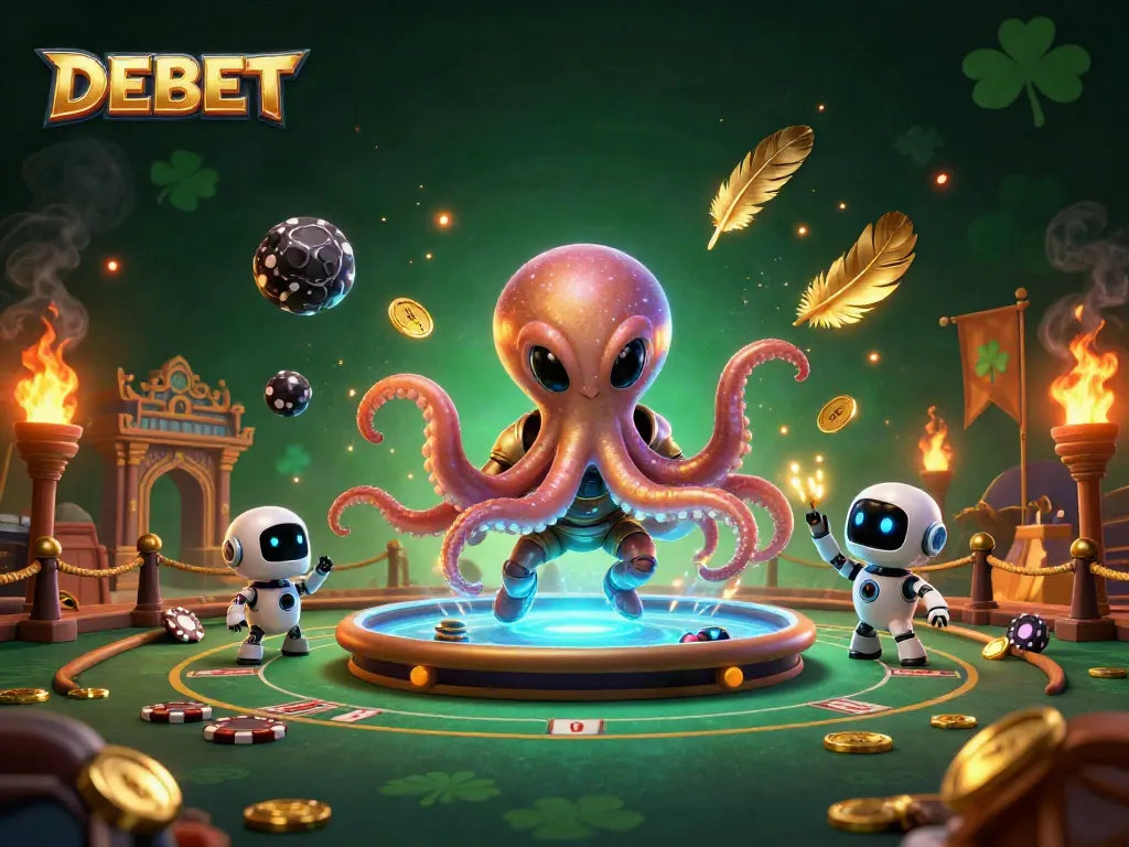 Experience DEBET's exciting online casino with an alien octopus and robot in a thrilling poker scene.