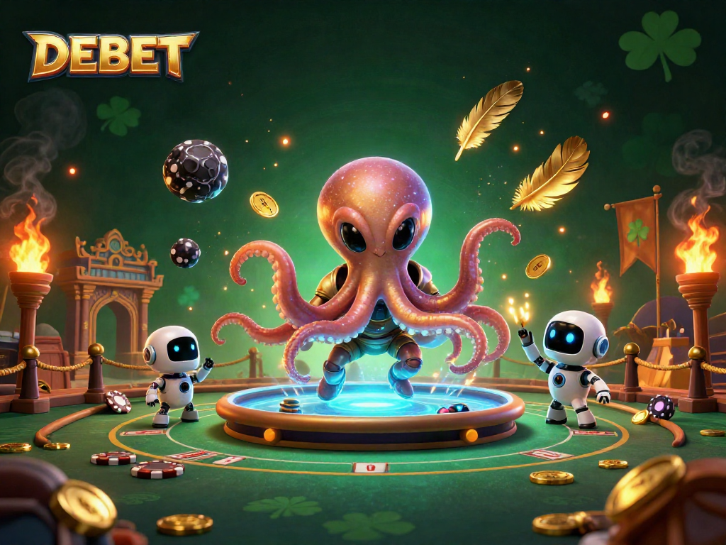Experience DEBET's exciting online casino with an alien octopus and robot in a thrilling poker scene.