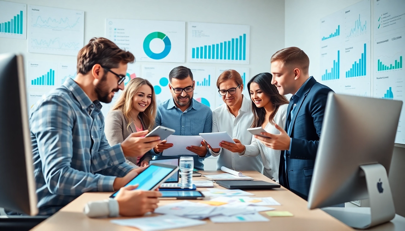 Analysing Online Marketing data in a vibrant office with diverse professionals.
