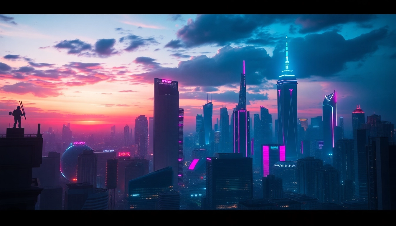 Stunning artwork created with AI image generators showcasing a vibrant futuristic city skyline at dusk.