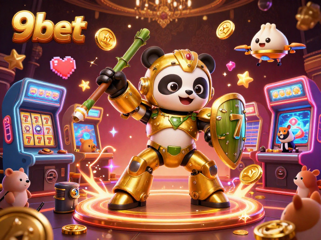 Engage in the vibrant casino world of 9bet with a golden panda piloting a robot amidst colorful gaming elements.