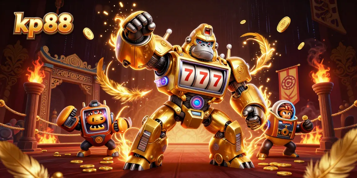 Win big at kp 88 with vibrant 3D illustration featuring casino-themed gorilla mech and dynamic gaming elements.