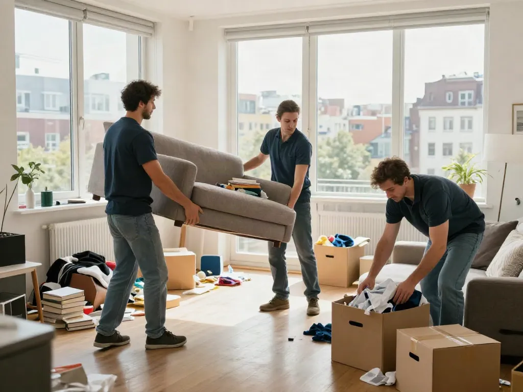 Wohnungsentrümpelung Berlin: Professionelles Team bei der schnellen Haushaltsauflösung in einer Stadtwohnung mit sofagelieferter Aufhellung.