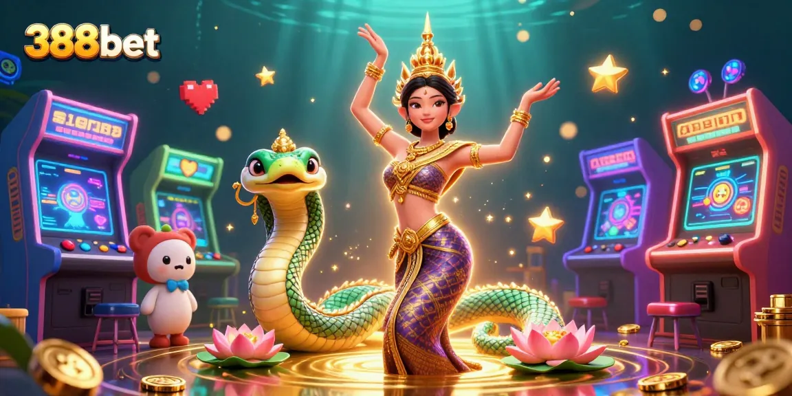 Engage with 388bet in this vibrant casino-themed illustration showcasing an Asian woman and a Naga serpent.