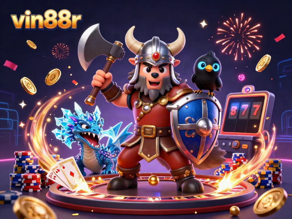 Experience the excitement of vin88r with a lively 3D casino scene featuring a Viking wolf warrior, dragon, and raven.