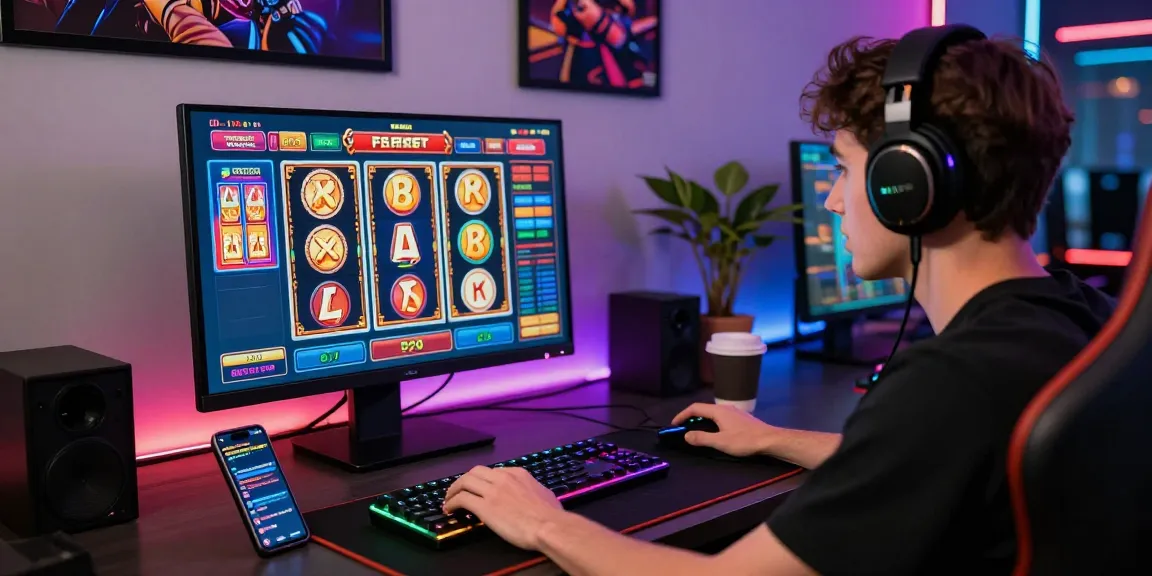 Rokok88 alternatif gaming enthusiast engaged in online casino games with vibrant setup