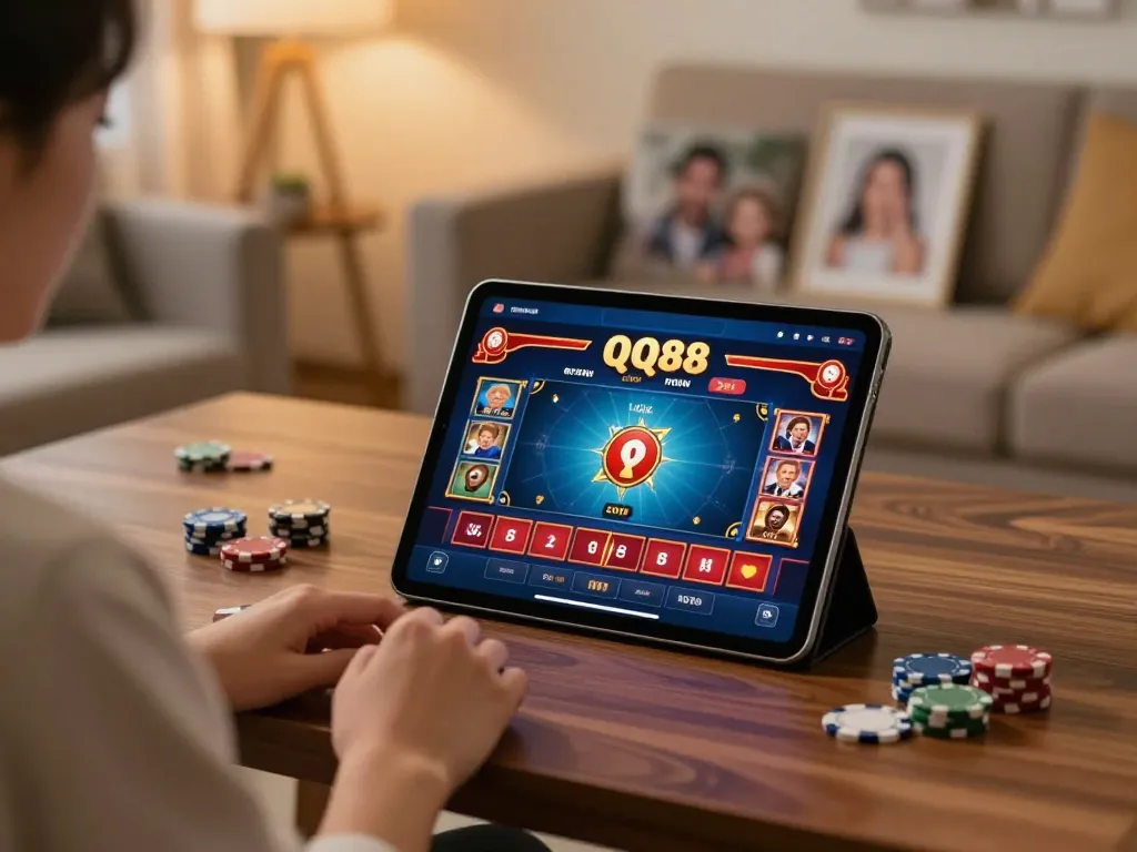 Engaging with the QQ88 app in a cozy home setup, enhancing online casino gaming experience.