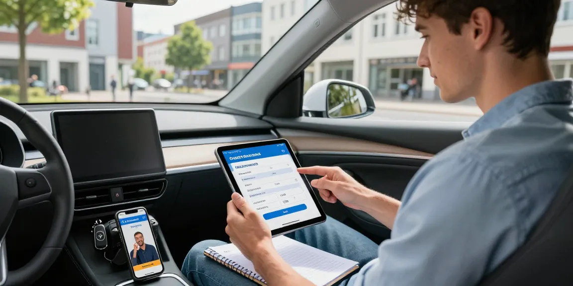 Kfz Versicherung in Dortmund: Junge Fahrer prüft Versicherungsoptionen auf Tablet im Stadtumfeld.