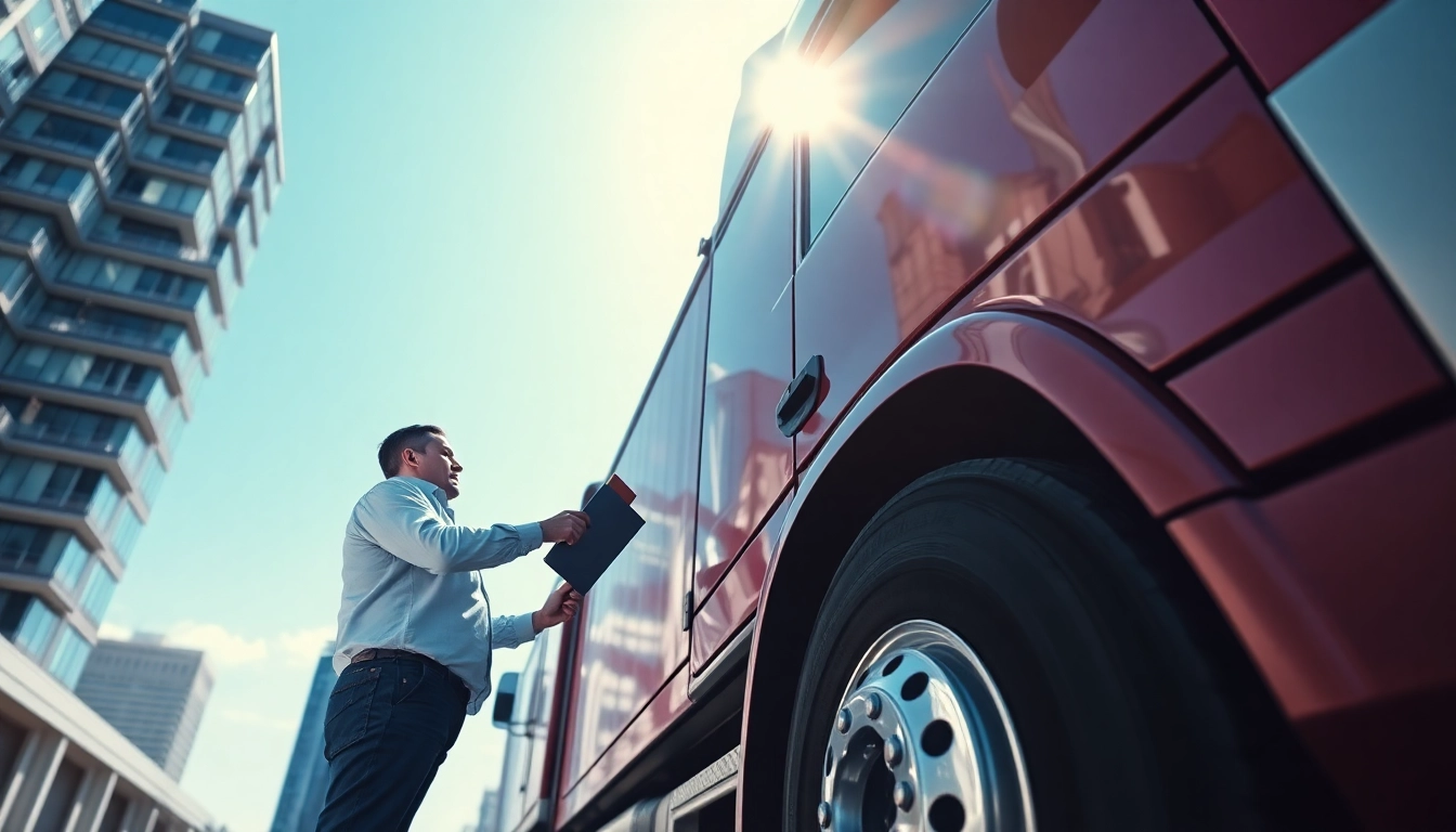 Lkw Gutachter Augsburg bewertet einen Lastwagen unter klaren Himmel.