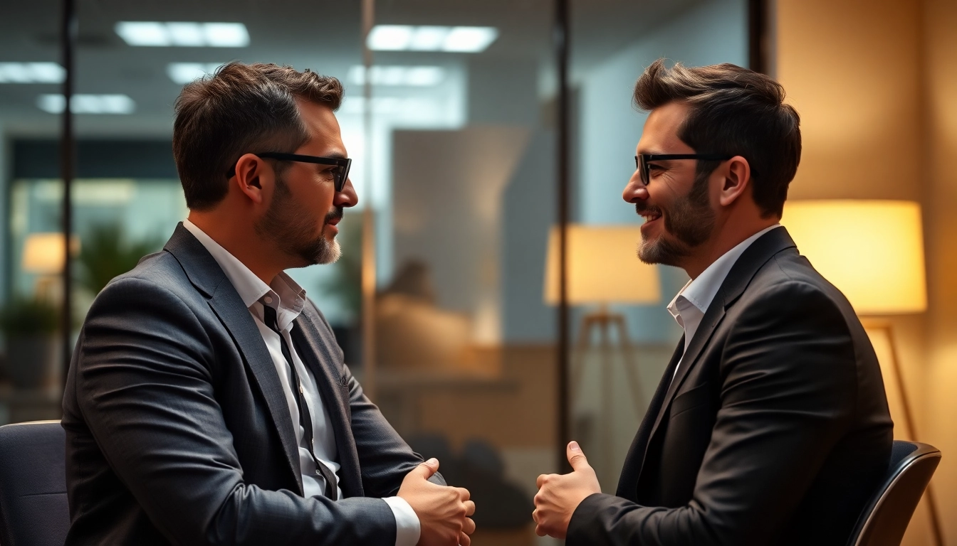 Headhunter im Gespräch mit einem Kandidaten in einem modernen Büro.