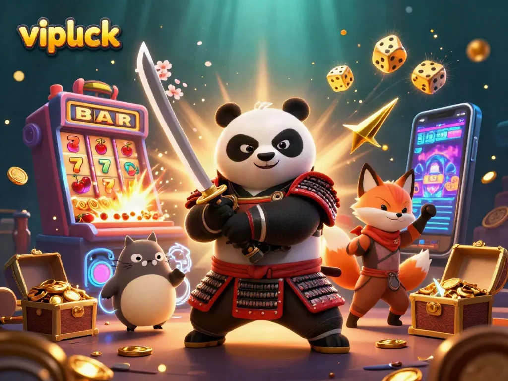 Experience the thrill of vipluck casino with a dynamic scene featuring samurai panda and lucky symbols.