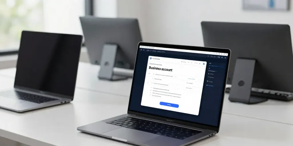 Konto für GmbH eröffnen: Moderne Geschäftskonto-App in einer Entwicklerumgebung mit intelligenten Geräten und minimalistischem Design.