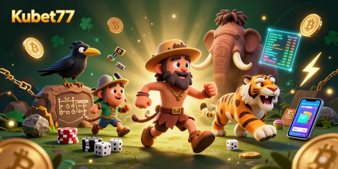 Engage with Kubet77 as a playful prehistoric casino featuring a caveman, sabertooth tiger, and clever crow.
