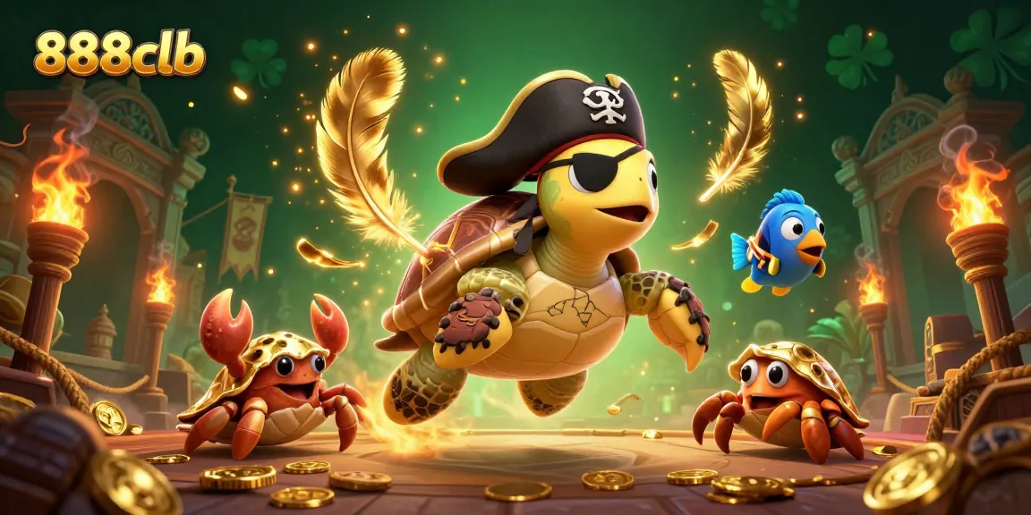 Engage in vibrant casino adventures at 888clb with a pirate turtle and treasure, surrounded by cash and excitement.