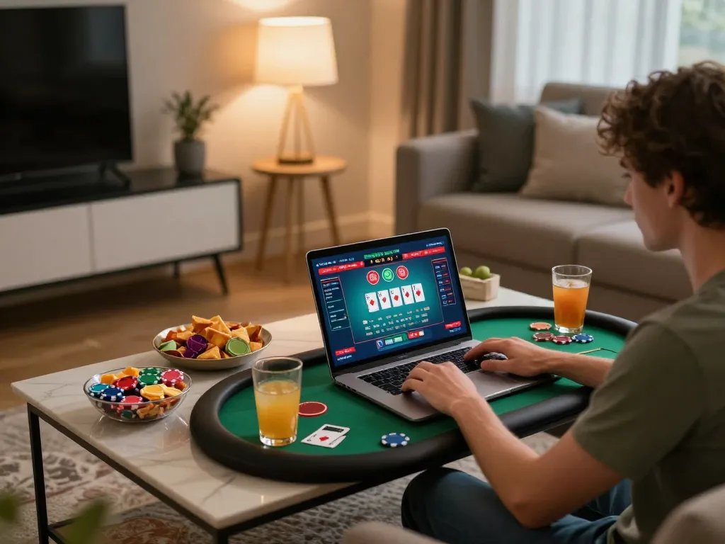 Engaging player using SC88 for online casino gaming on a laptop in a cozy home setting