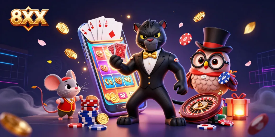 Engage with 8XX through this vibrant casino scene featuring cartoon characters and exciting gaming elements.