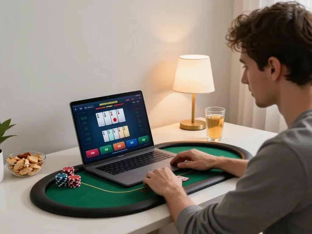Person playing poker on a laptop in a cozy setting, showcasing sunwin online gaming action with strategic focus.