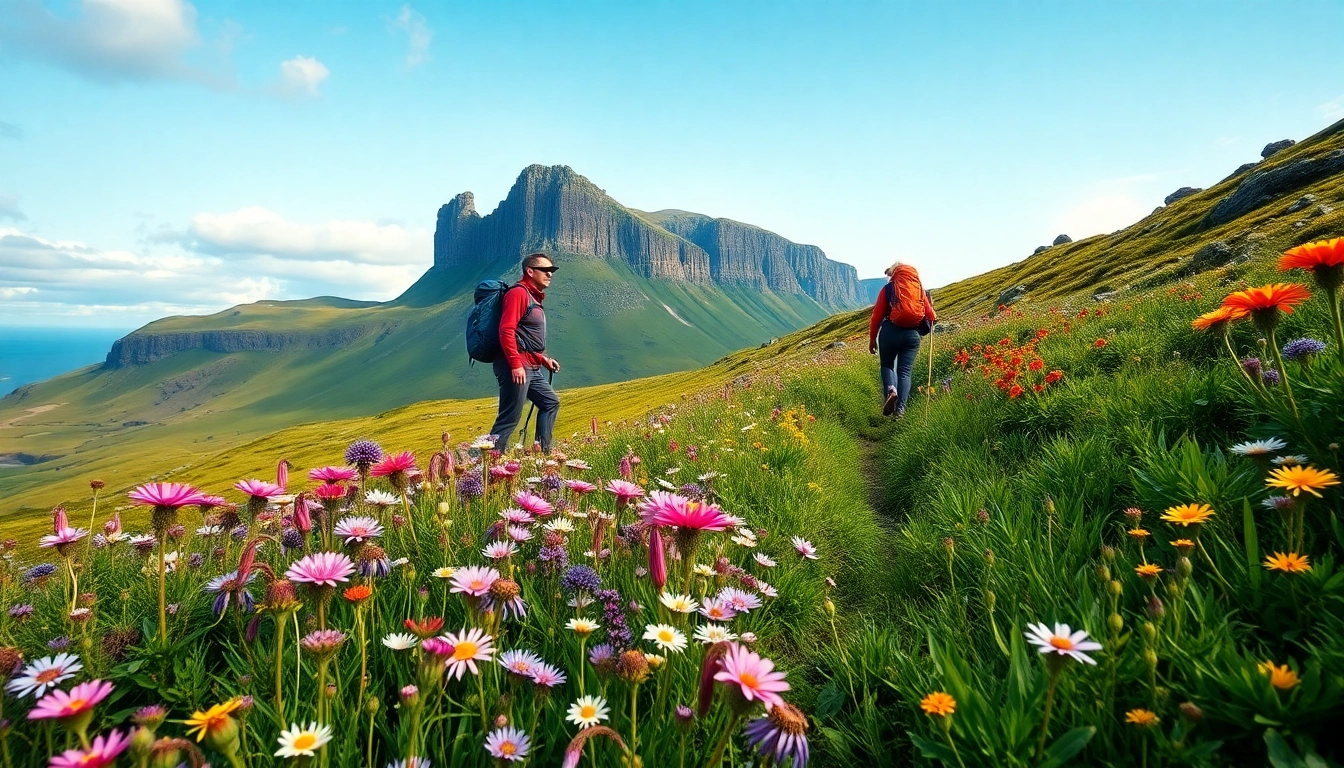 Hiker enjoying wandern in Irland surrounded by beautiful Irish landscape and wildflowers.