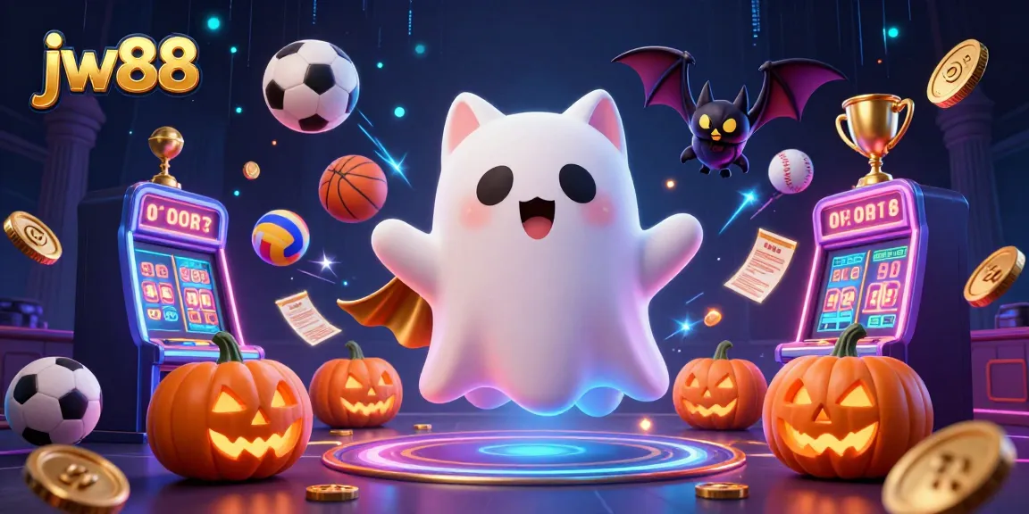 Experience thrilling games at jw88 with a floating friendly ghost cat amidst vibrant casino elements.