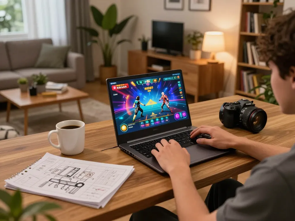 A person engages in MK8th online casino gaming on a laptop in a cozy home setting.