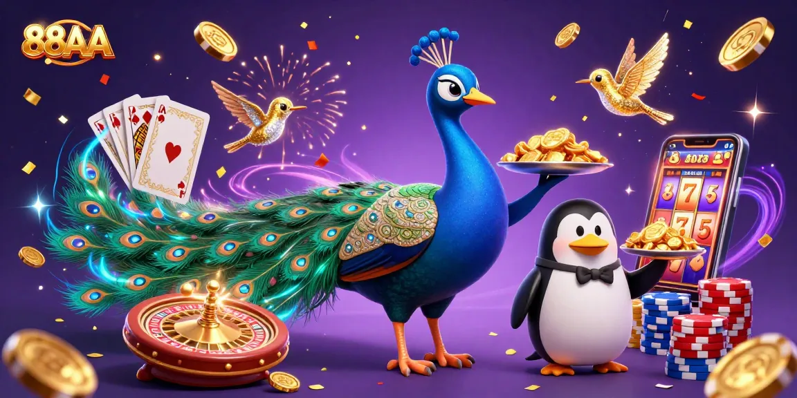 Experience excitement with 88AA as the peacock, butler penguin, and hummingbird celebrate in a rich casino scene.