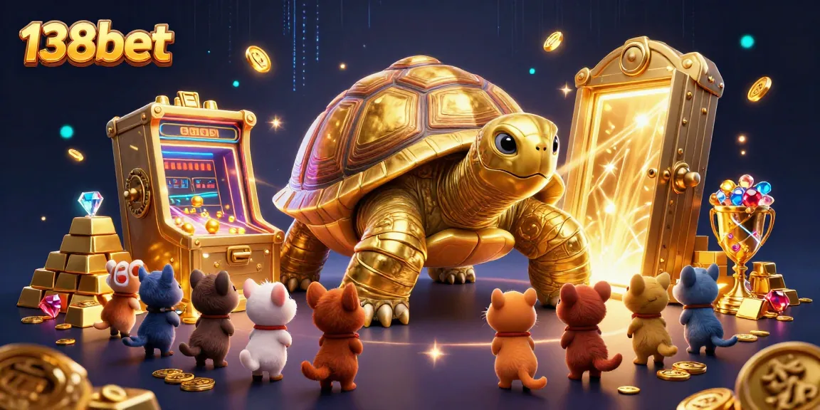 Experience excitement at 138bet with a vibrant 3D display of casino treasures and playful characters.