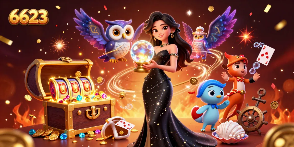 Experience the thrill of 6623 with a 3D casino scene featuring dynamic slot reels and glittering treasures.