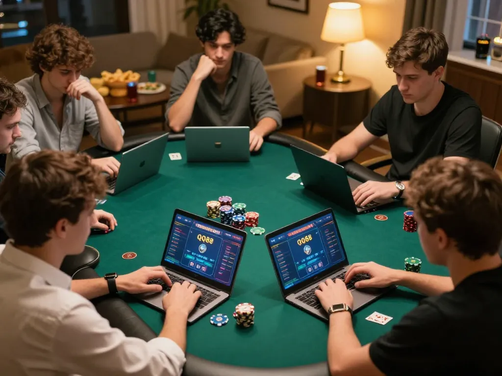 Players enjoy link dự phòng qq88 on their devices in a cozy poker night setting, combining strategy and fun.