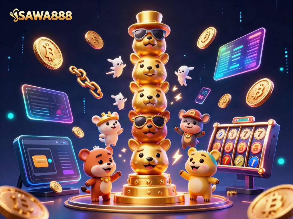 Experience the magic of SAWA888 with vibrant casino elements and a totem pole in a dynamic 3D scene.