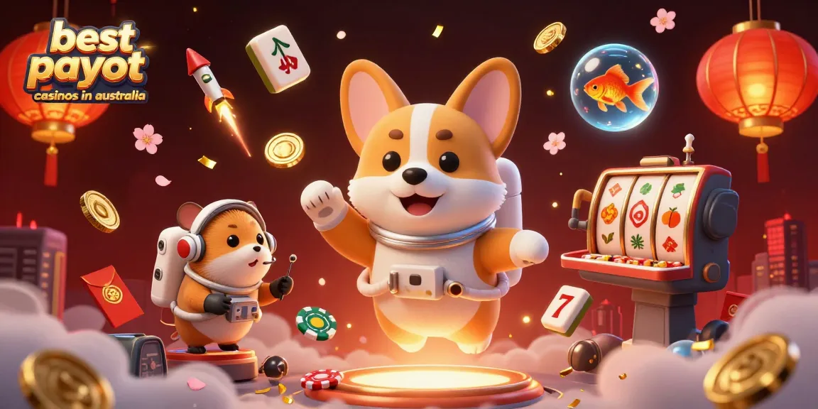 Engaging 3D illustration of the best payout casinos in Australia with animated characters and casino elements.