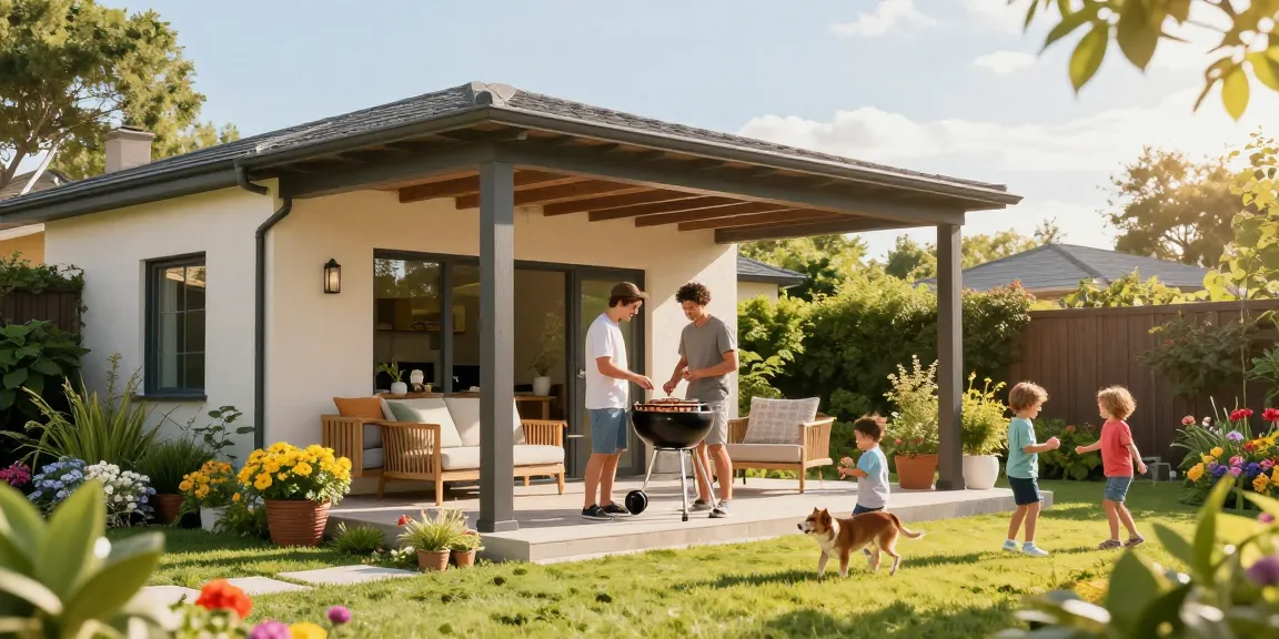 Terrassenüberdachung freistehend im Garten mit Familie beim Grillen