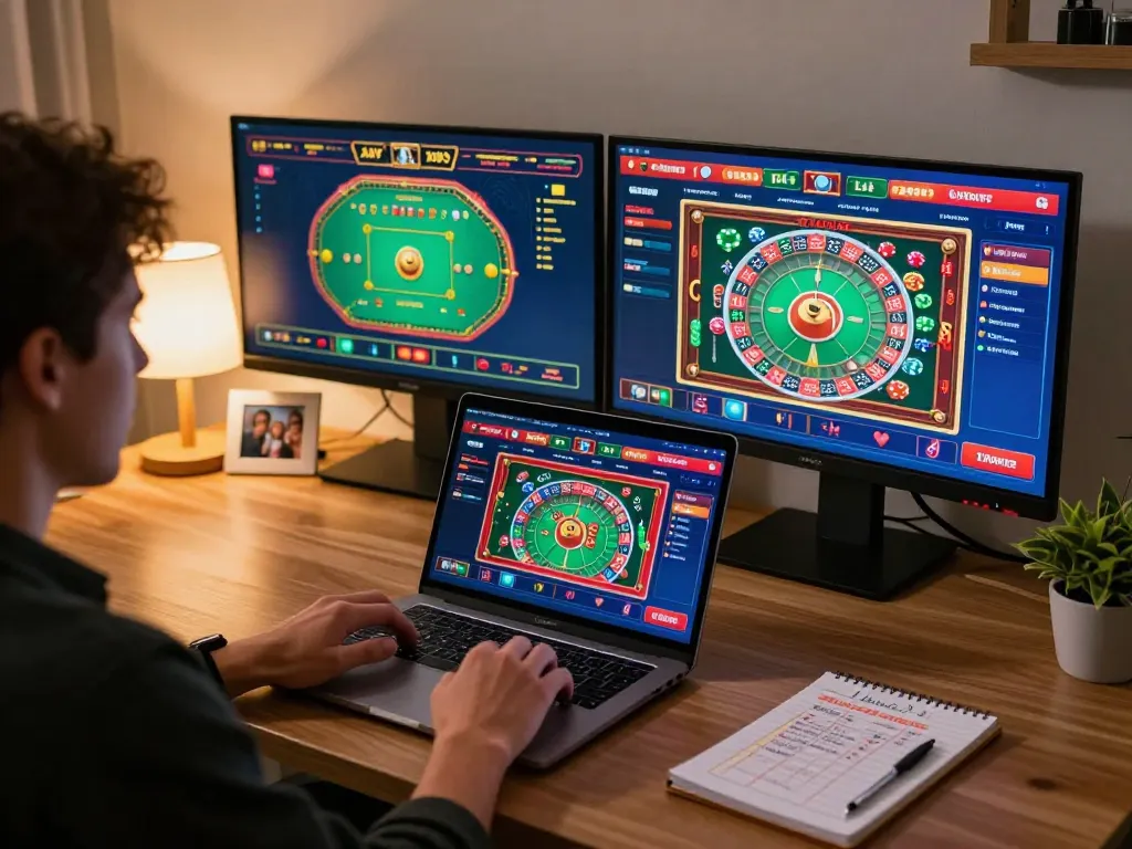 Player enjoying a roulette game on laptop in a cozy home office while practicing aud77 strategies