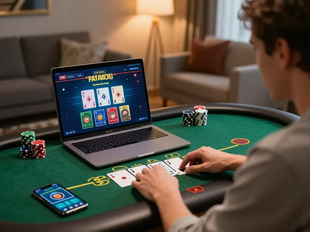 Tỷ lệ kèo nhà cái hôm nay displayed as a player engages in online blackjack at home.