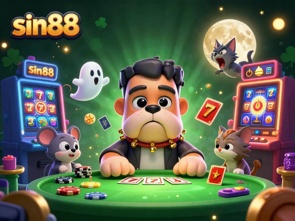 Sin88 brings excitement as a Frankenstein bulldog deals cards amidst glowing slot machines and vibrant casino elements.