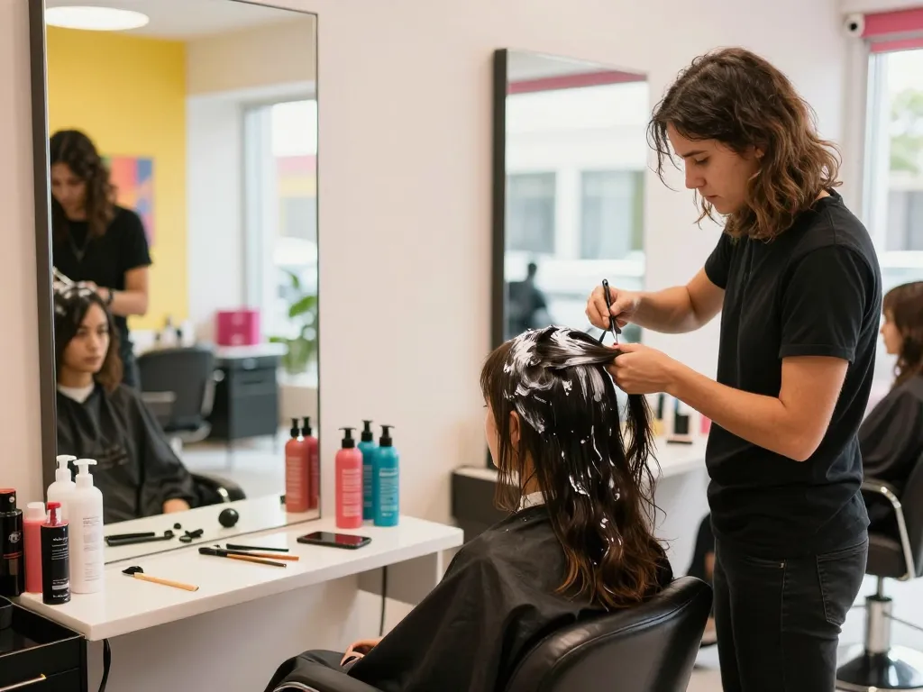 Experimente la mejor peluquería cerca de mí con peluqueros profesionales aplicando tratamientos capilares en un ambiente acogedor del salón.