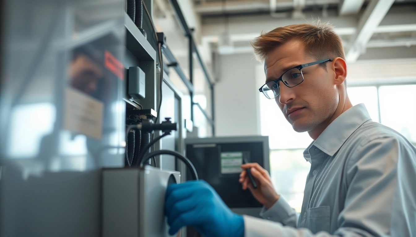 DGUV V3 Prüfung: Techniker überprüft Sicherheitsgeräte in einem modernen Büro.