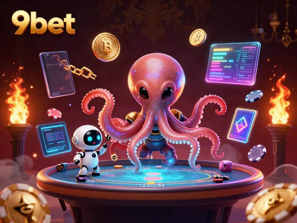 Engage in dynamic gameplay at 9bet with an alien octopus at a holographic poker table.