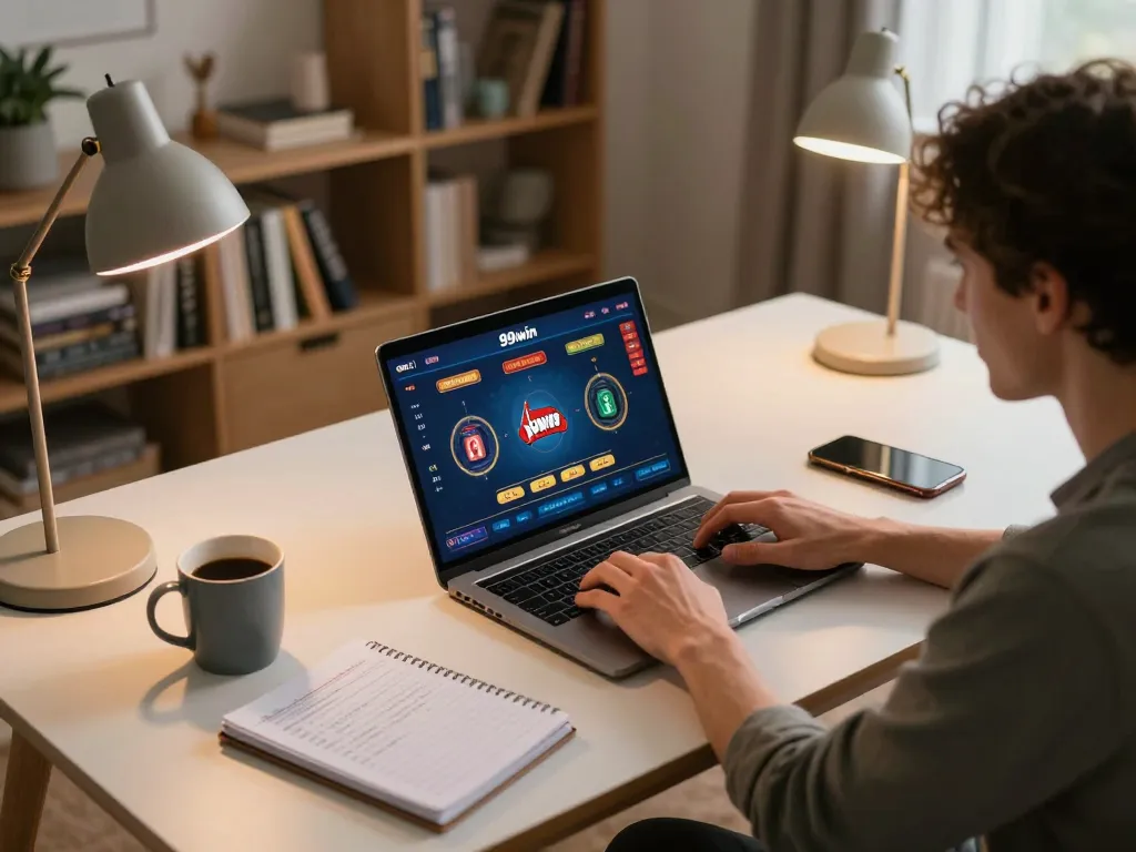 Engaging online gaming moment at 99win with a player using a laptop in a cozy home setting