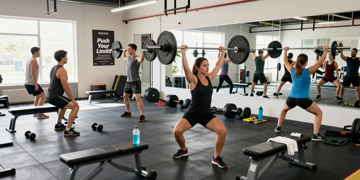 Global Pharma Steroids, Athleten beim Gewichtheben in modernem Fitnessstudio, motivierende Atmosphäre, fokussierte Leistung.