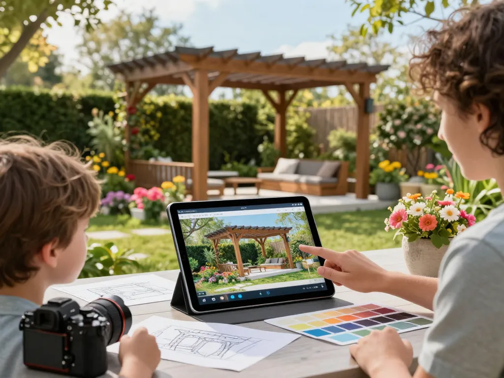 Pergola Konfigurator 3D, der ein interaktives Erlebnis in einem lebendigen Gartenambiente präsentiert.