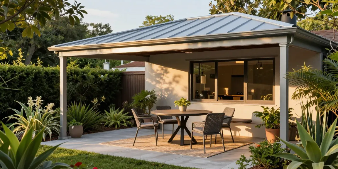 Terrassenüberdachung freistehend im Gartenbereich mit stilvollem Mobiliar und gemütlicher Atmosphäre