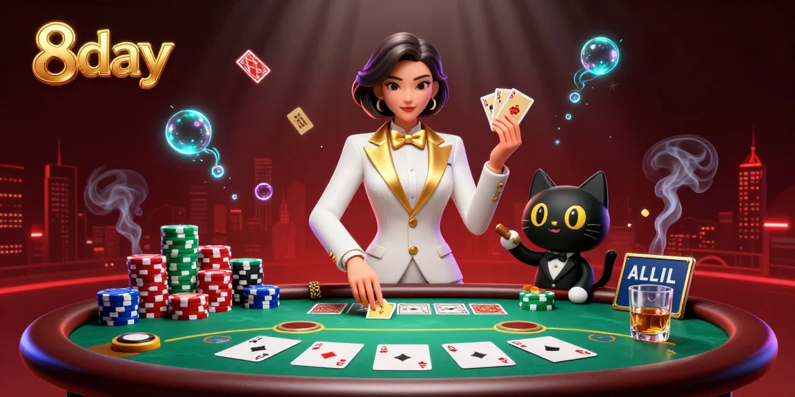 8day gamers shuffling cards and playing poker amidst vibrant casino elements and towering chips.