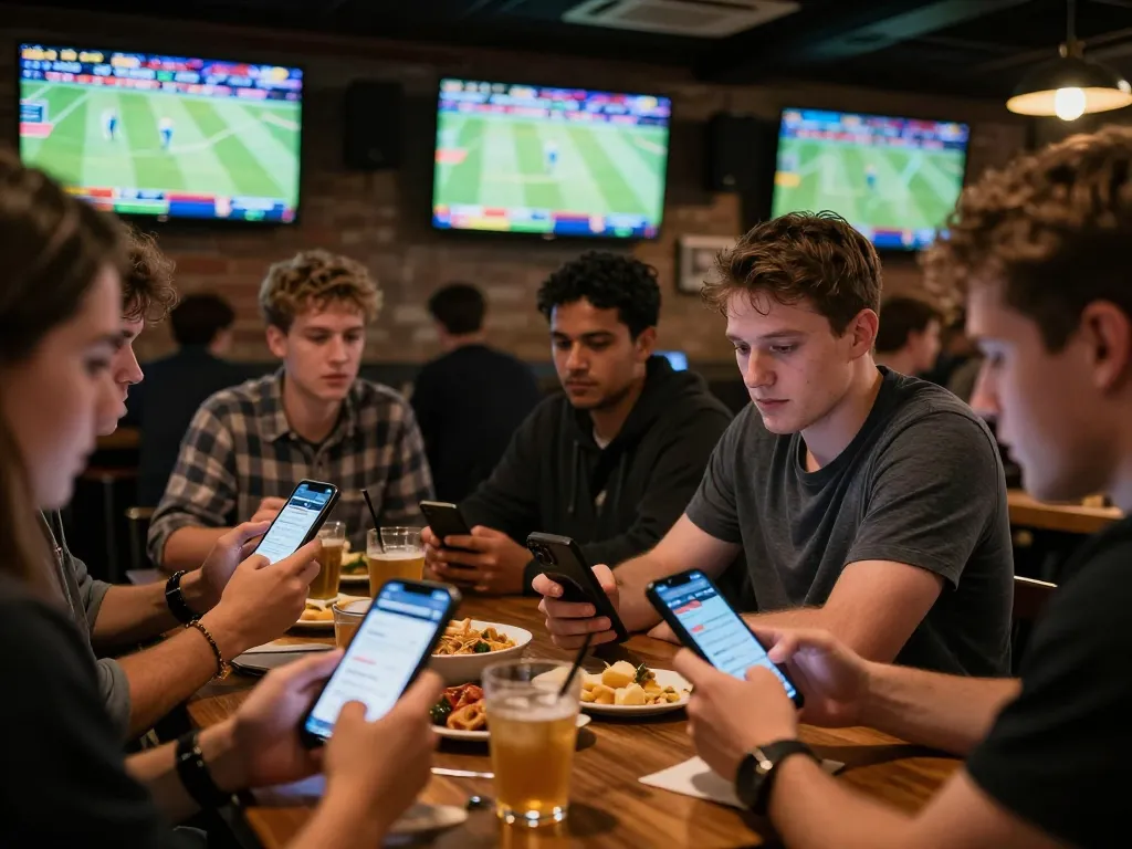 Engaged sports fans using 7m-7m app for live betting during matches with lively bar atmosphere.
