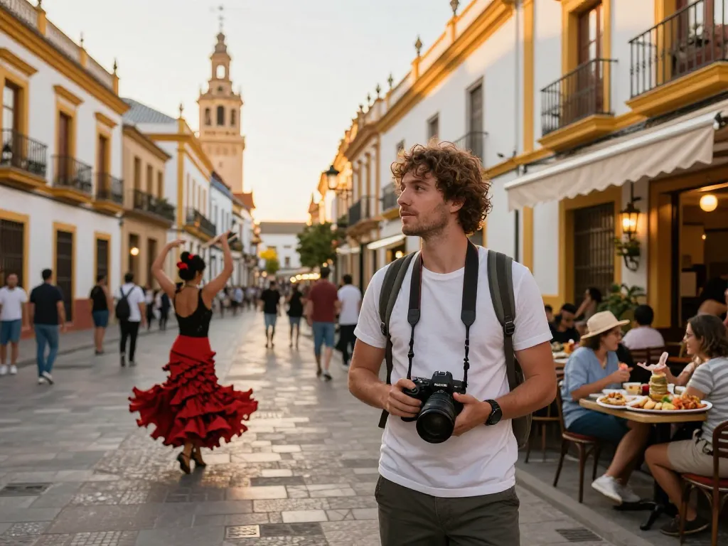 Reisetipps Sevilla: Reisender genießt die lebhaften Straßen Sevillas mit Tapas und Flamenco