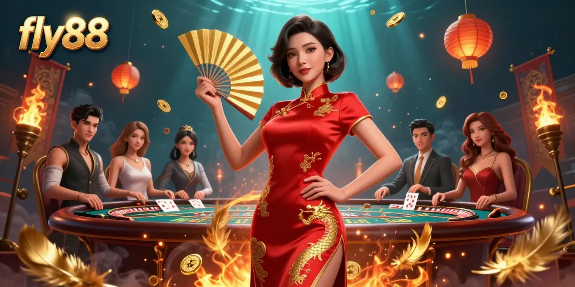 Fly88 live casino illustration with vibrant Asian woman in qipao and casino elements.