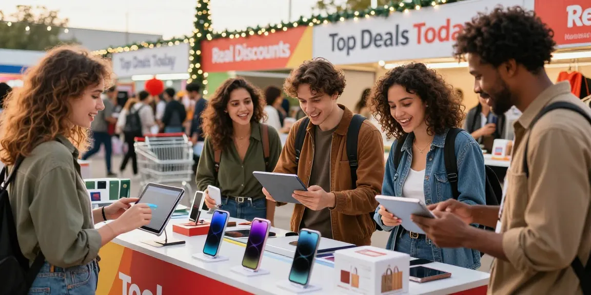 Excited shoppers explore discounts on dealblob.de in a vibrant marketplace setting.