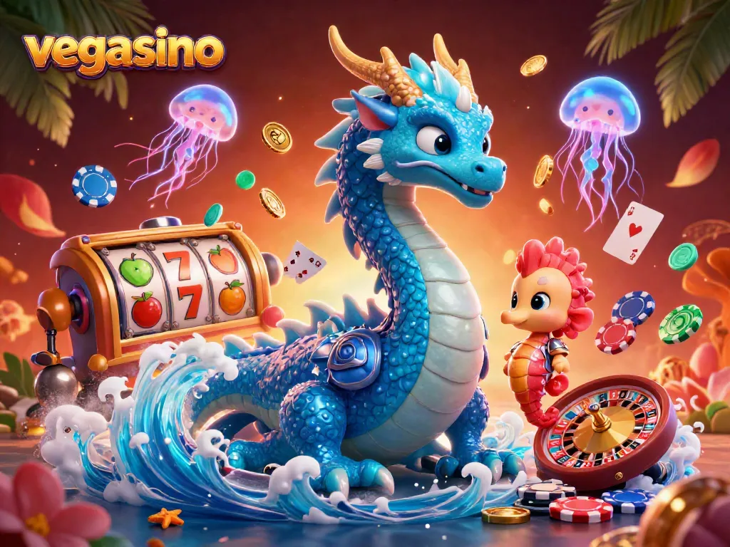 Experience thrilling wins at vegasino with a captivating 3D casino scene featuring enchanted characters and game elements.