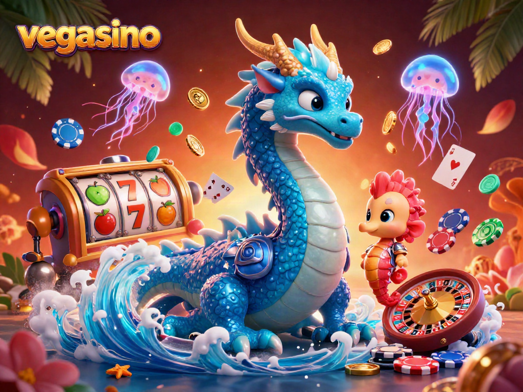 Experience thrilling wins at vegasino with a captivating 3D casino scene featuring enchanted characters and game elements.