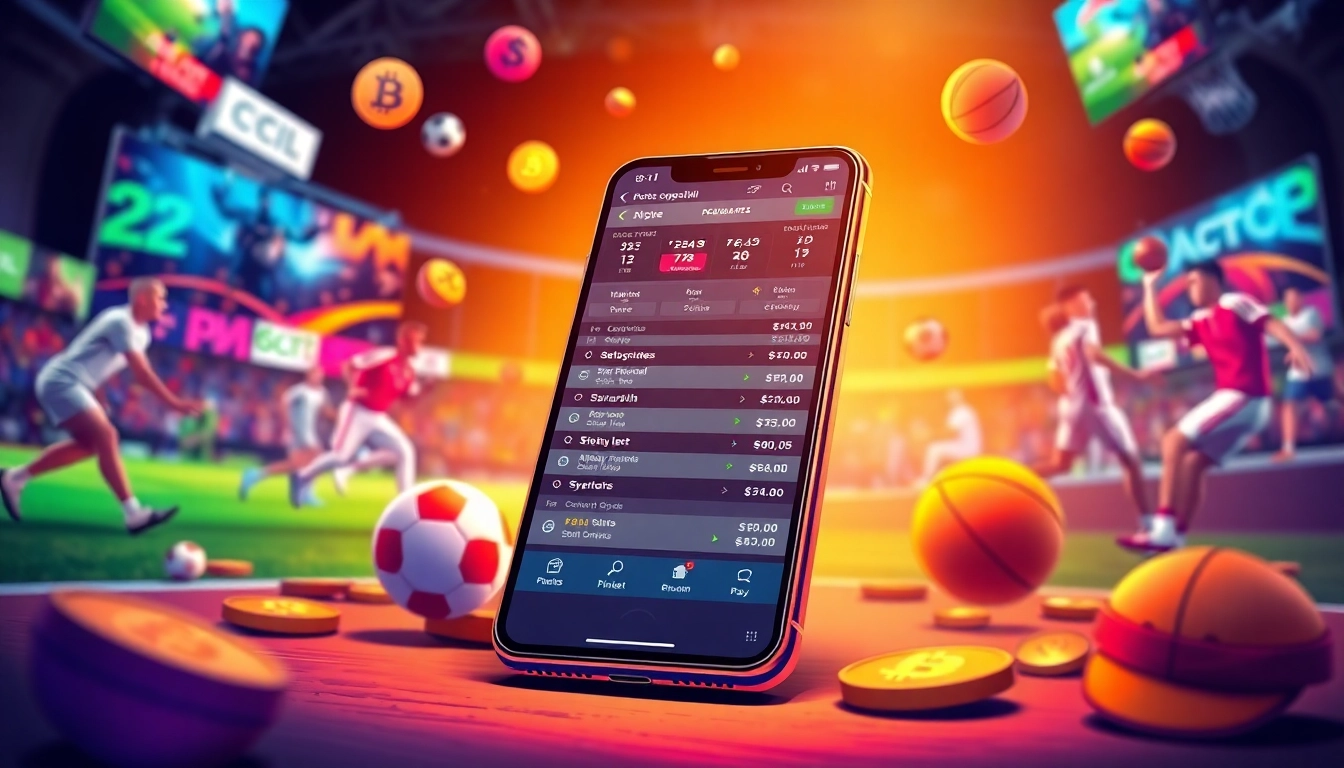 Engage in sports betting with bitcoin on a smartphone, featuring lively sports graphics.