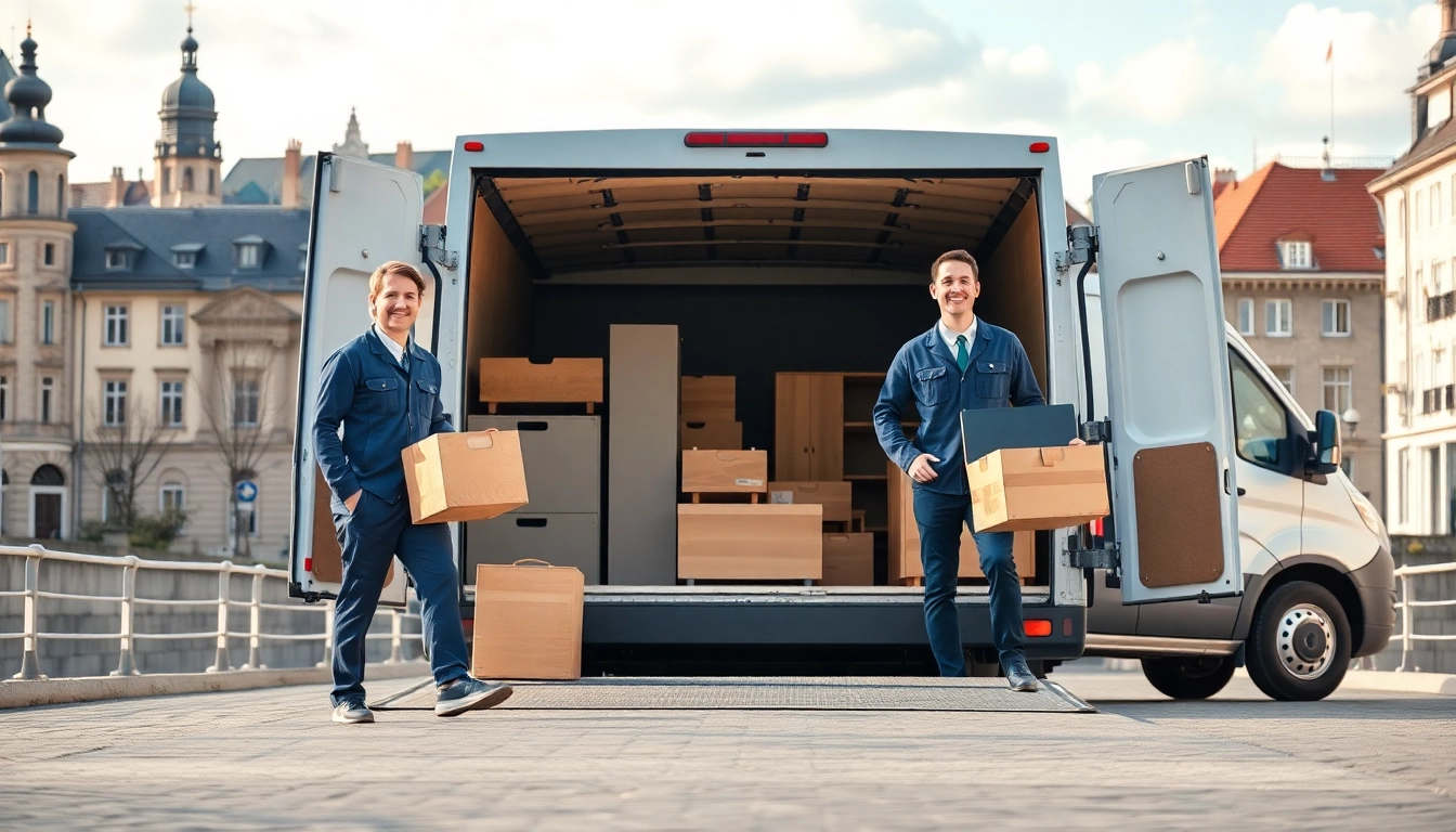 Professionelle Mitarbeiter des umzugsunternehmen saarbrücken laden Möbel in Umzugswagen mit strahlendem Lächeln.